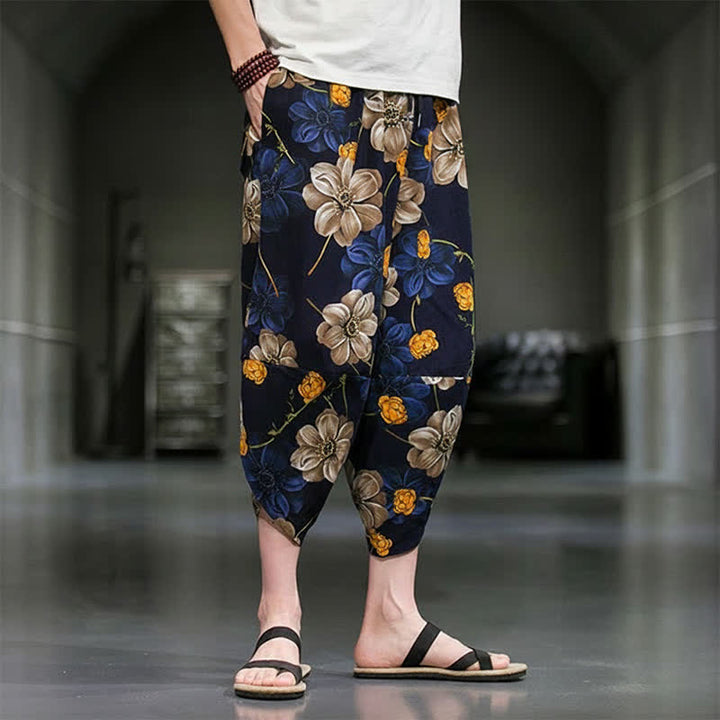 Buddha Stones Letnie, swobodne spodnie capri w kwiaty w stylu boho, męskie, zwężane, z kieszeniami - image 3