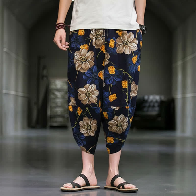 Buddha Stones Letnie, swobodne spodnie capri w kwiaty w stylu boho, męskie, zwężane, z kieszeniami - image 1