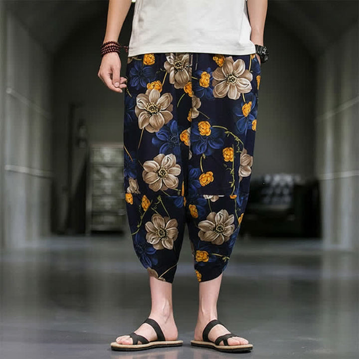 Buddha Stones Letnie, swobodne spodnie capri w kwiaty w stylu boho, męskie, zwężane, z kieszeniami - image 1