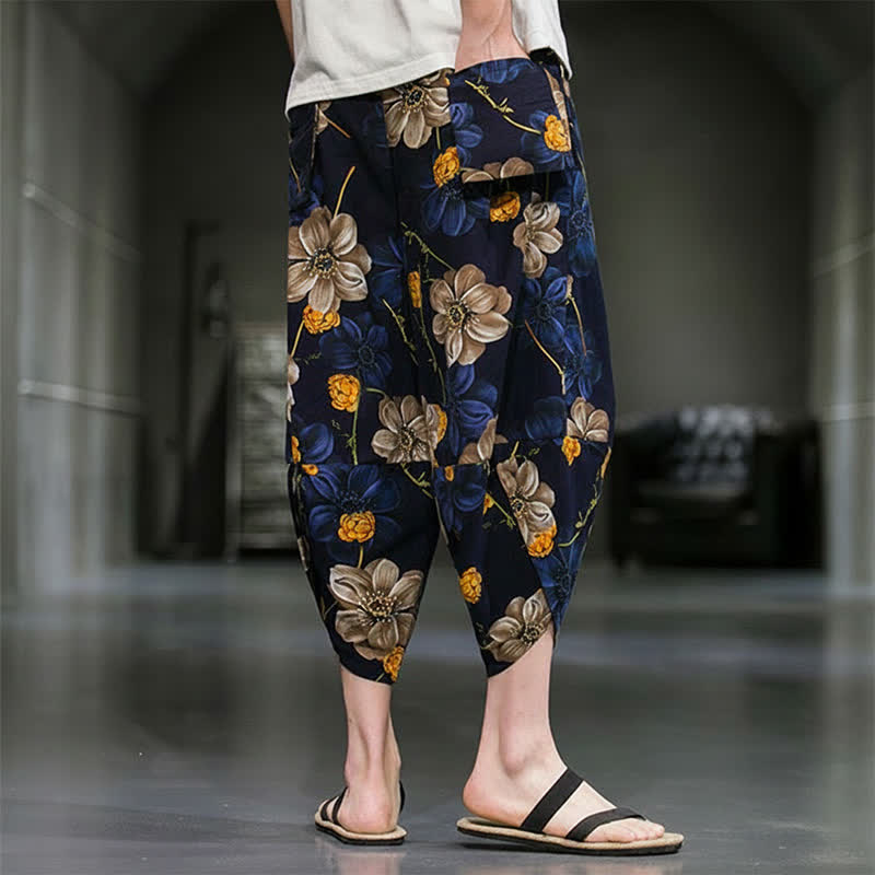 Buddha Stones Letnie, swobodne spodnie capri w kwiaty w stylu boho, męskie, zwężane, z kieszeniami - image 4