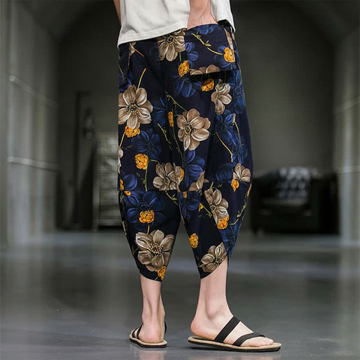 Buddha Stones Letnie, swobodne spodnie capri w kwiaty w stylu boho, męskie, zwężane, z kieszeniami - image 4
