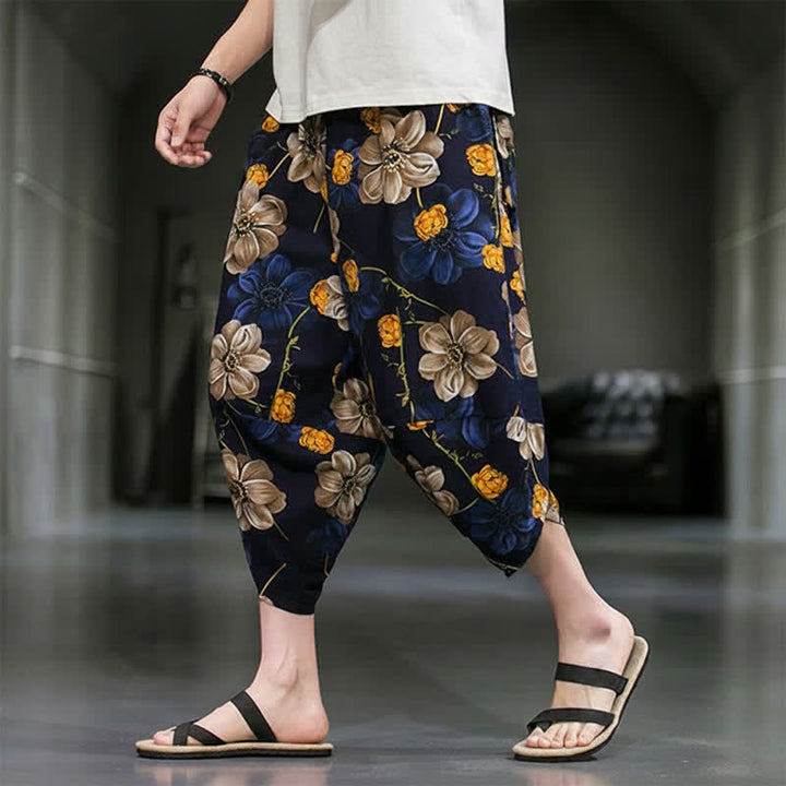 Buddha Stones Letnie, swobodne spodnie capri w kwiaty w stylu boho, męskie, zwężane, z kieszeniami - image 2