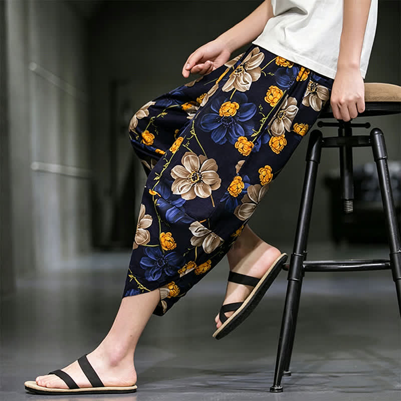 Buddha Stones Letnie, swobodne spodnie capri w kwiaty w stylu boho, męskie, zwężane, z kieszeniami - image 10
