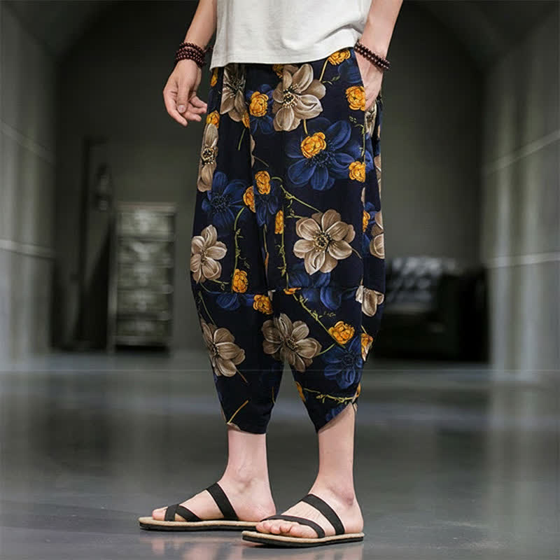 Buddha Stones Letnie, swobodne spodnie capri w kwiaty w stylu boho, męskie, zwężane, z kieszeniami - image 6