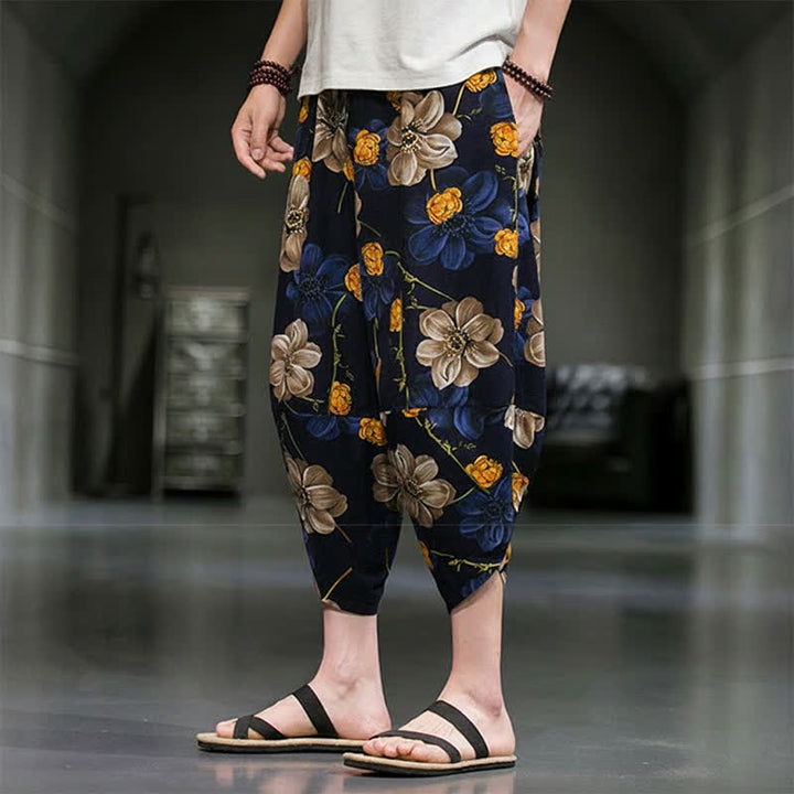 Buddha Stones Letnie, swobodne spodnie capri w kwiaty w stylu boho, męskie, zwężane, z kieszeniami - image 6