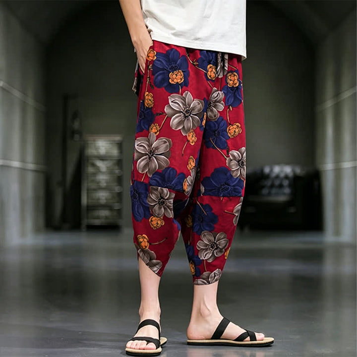 Buddha Stones Letnie, swobodne spodnie capri w kwiaty w stylu boho, męskie, zwężane, z kieszeniami - image 12