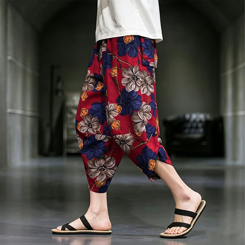 Buddha Stones Letnie, swobodne spodnie capri w kwiaty w stylu boho, męskie, zwężane, z kieszeniami - image 13