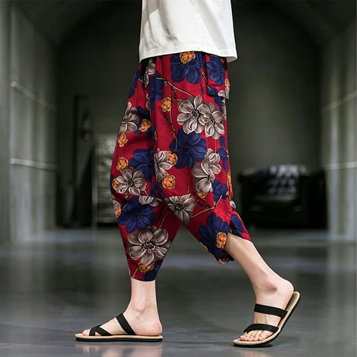 Buddha Stones Letnie, swobodne spodnie capri w kwiaty w stylu boho, męskie, zwężane, z kieszeniami - image 13