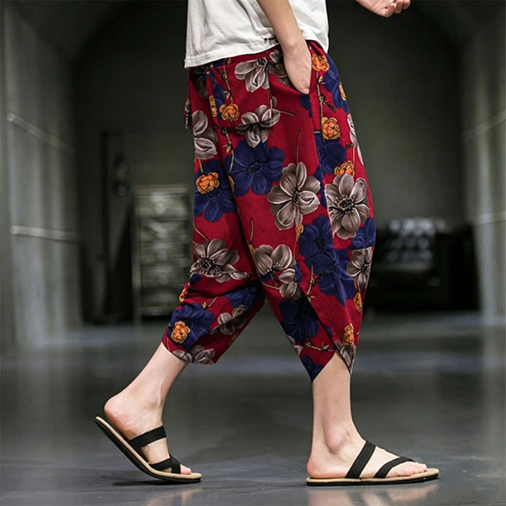 Buddha Stones Letnie, swobodne spodnie capri w kwiaty w stylu boho, męskie, zwężane, z kieszeniami - image 15