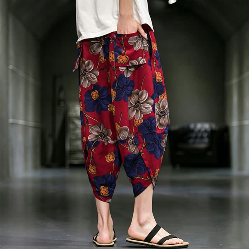 Buddha Stones Letnie, swobodne spodnie capri w kwiaty w stylu boho, męskie, zwężane, z kieszeniami - image 14