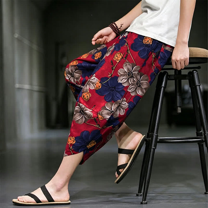 Buddha Stones Letnie, swobodne spodnie capri w kwiaty w stylu boho, męskie, zwężane, z kieszeniami - image 17