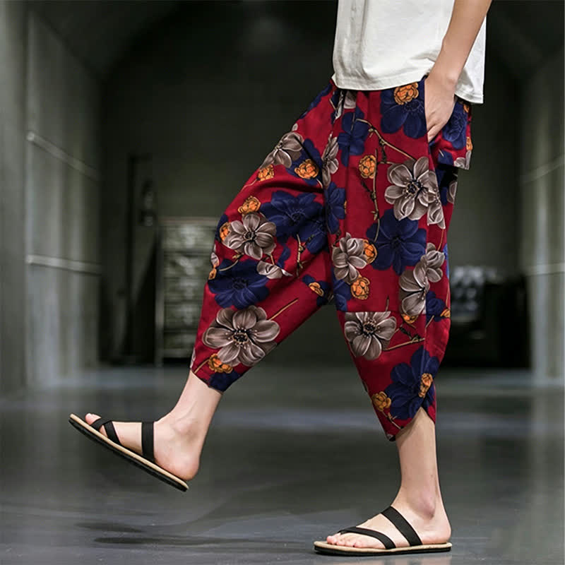 Buddha Stones Letnie, swobodne spodnie capri w kwiaty w stylu boho, męskie, zwężane, z kieszeniami - image 16