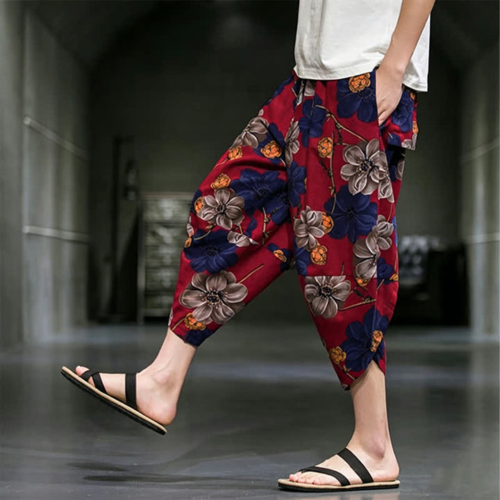 Buddha Stones Letnie, swobodne spodnie capri w kwiaty w stylu boho, męskie, zwężane, z kieszeniami - image 16