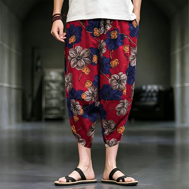 Buddha Stones Letnie, swobodne spodnie capri w kwiaty w stylu boho, męskie, zwężane, z kieszeniami - Cegła ogniotrwała - US/UK/AU46， EU56 (5XL) - image 11