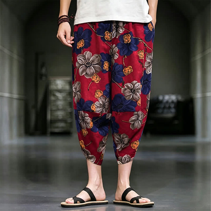 Buddha Stones Letnie, swobodne spodnie capri w kwiaty w stylu boho, męskie, zwężane, z kieszeniami - Cegła ogniotrwała - US/UK/AU46， EU56 (5XL) - image 11