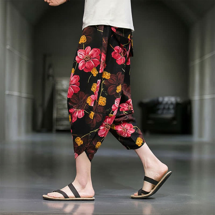 Buddha Stones Letnie, swobodne spodnie capri w kwiaty w stylu boho, męskie, zwężane, z kieszeniami - image 20