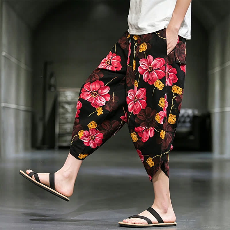 Buddha Stones Letnie, swobodne spodnie capri w kwiaty w stylu boho, męskie, zwężane, z kieszeniami - image 23