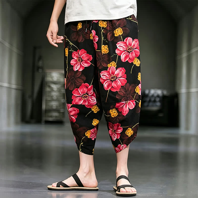 Buddha Stones Letnie, swobodne spodnie capri w kwiaty w stylu boho, męskie, zwężane, z kieszeniami - image 22