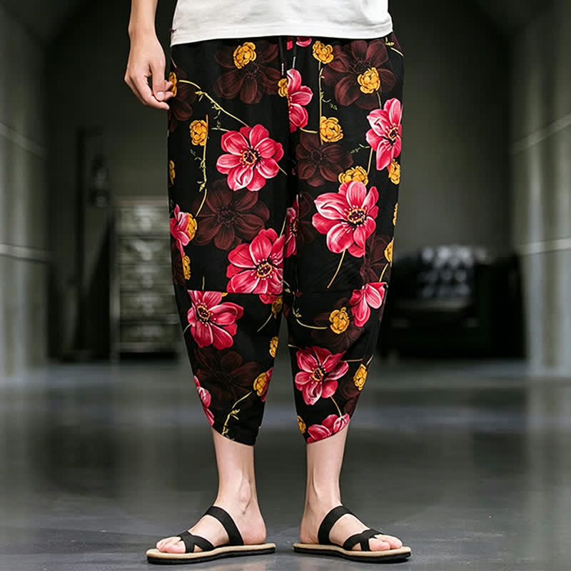 Buddha Stones Letnie, swobodne spodnie capri w kwiaty w stylu boho, męskie, zwężane, z kieszeniami - Karmazynowy - US/UK/AU46， EU56 (5XL) - image 18