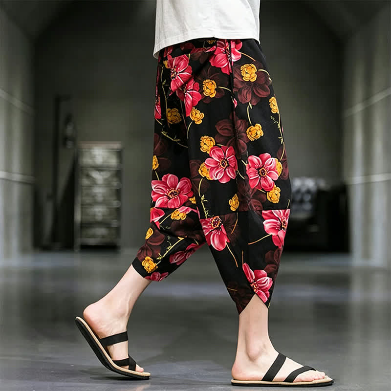 Buddha Stones Letnie, swobodne spodnie capri w kwiaty w stylu boho, męskie, zwężane, z kieszeniami - image 19