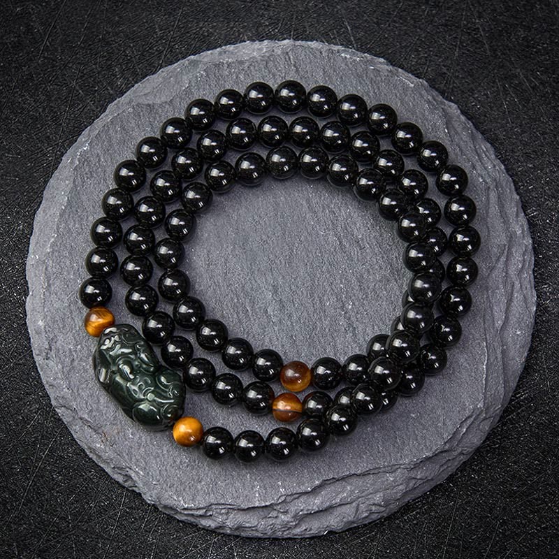 Buddha Stones Bransoletka z ręcznie rzeźbionych koralików z tęczowego obsydianu PiXiu z czarnego obsydianu - Czarny koralik obsydianowy (ochrona ♥ uziemienie) - 6 mm - image 9