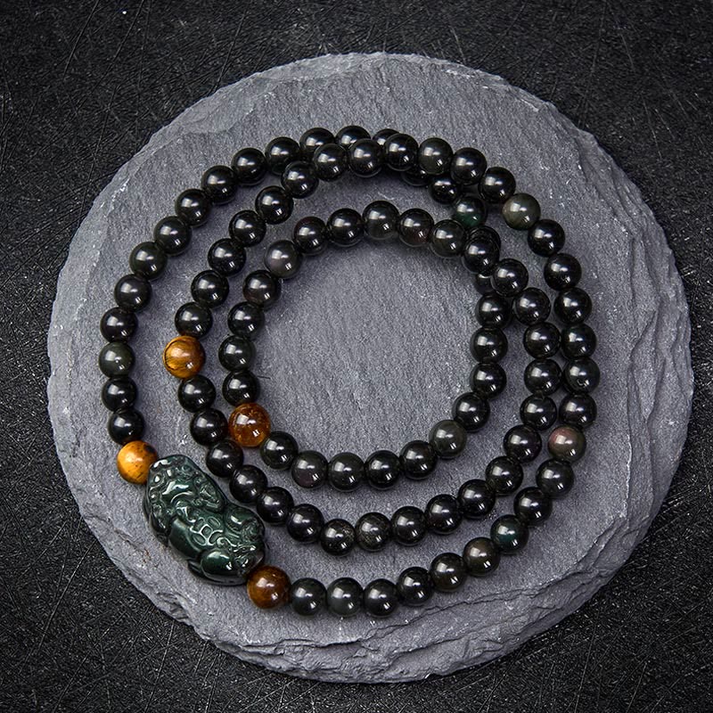 Buddha Stones Bransoletka z ręcznie rzeźbionych koralików z tęczowego obsydianu PiXiu z czarnego obsydianu - Tęczowy koralik obsydianowy (zmienia kolor pod wpływem światła) - 6 mm - image 0