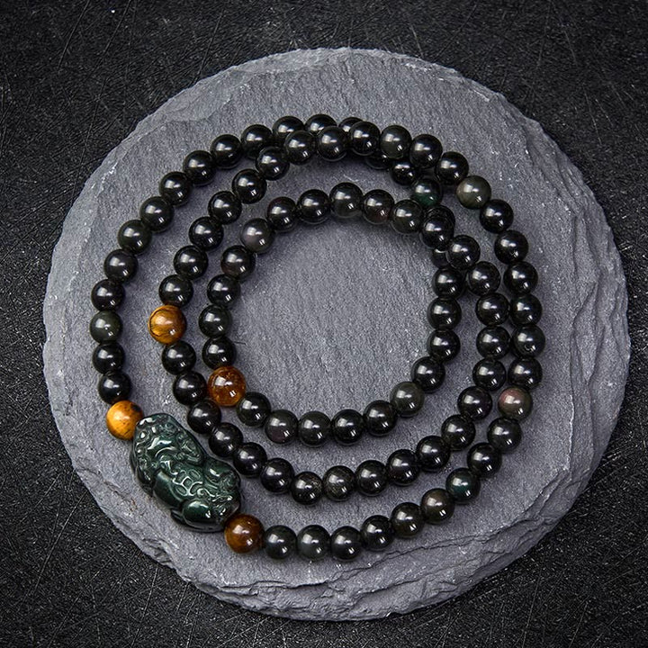 Buddha Stones Bransoletka z ręcznie rzeźbionych koralików z tęczowego obsydianu PiXiu z czarnego obsydianu - Tęczowy koralik obsydianowy (zmienia kolor pod wpływem światła) - 6 mm - image 0