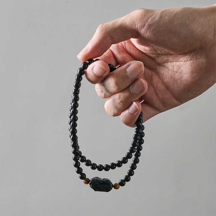 Buddha Stones Bransoletka z ręcznie rzeźbionych koralików z tęczowego obsydianu PiXiu z czarnego obsydianu - image 14