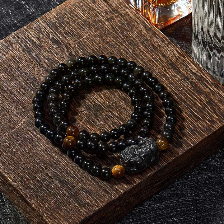Buddha Stones Bransoletka z ręcznie rzeźbionych koralików z tęczowego obsydianu PiXiu z czarnego obsydianu - image 2