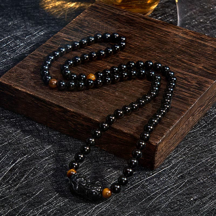 Buddha Stones Bransoletka z ręcznie rzeźbionych koralików z tęczowego obsydianu PiXiu z czarnego obsydianu - image 12
