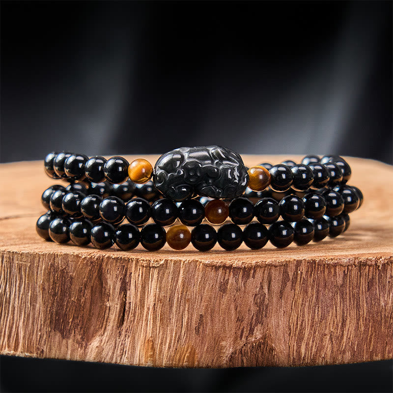 Buddha Stones Bransoletka z ręcznie rzeźbionych koralików z tęczowego obsydianu PiXiu z czarnego obsydianu - image 10
