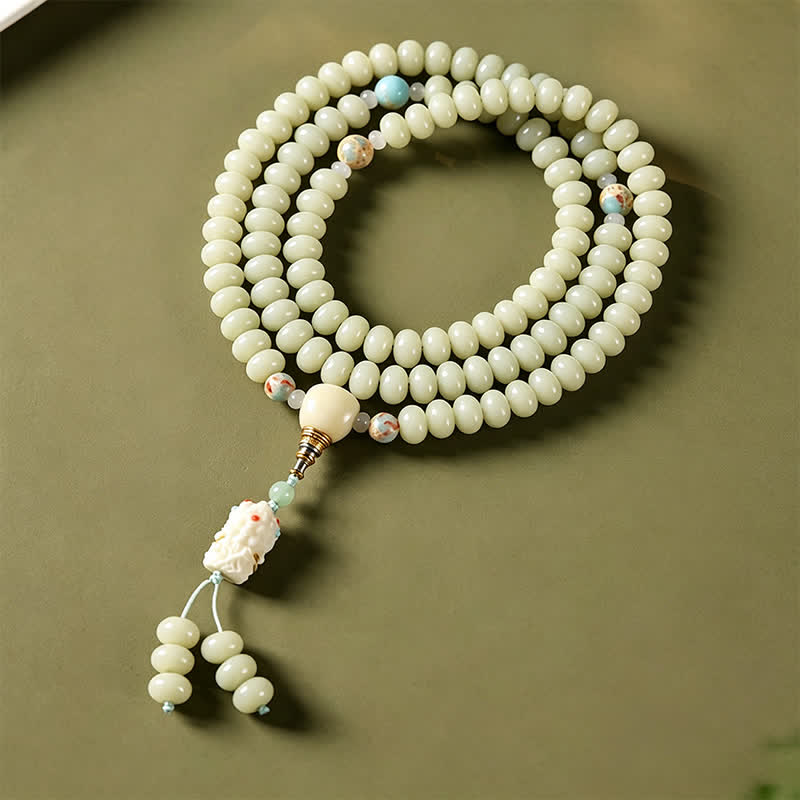 Buddha Stones Biała mala z nasionami bodhi Bodhisattwy Tara Hope, ręcznie tkana, etniczna, 108 koralików - image 1