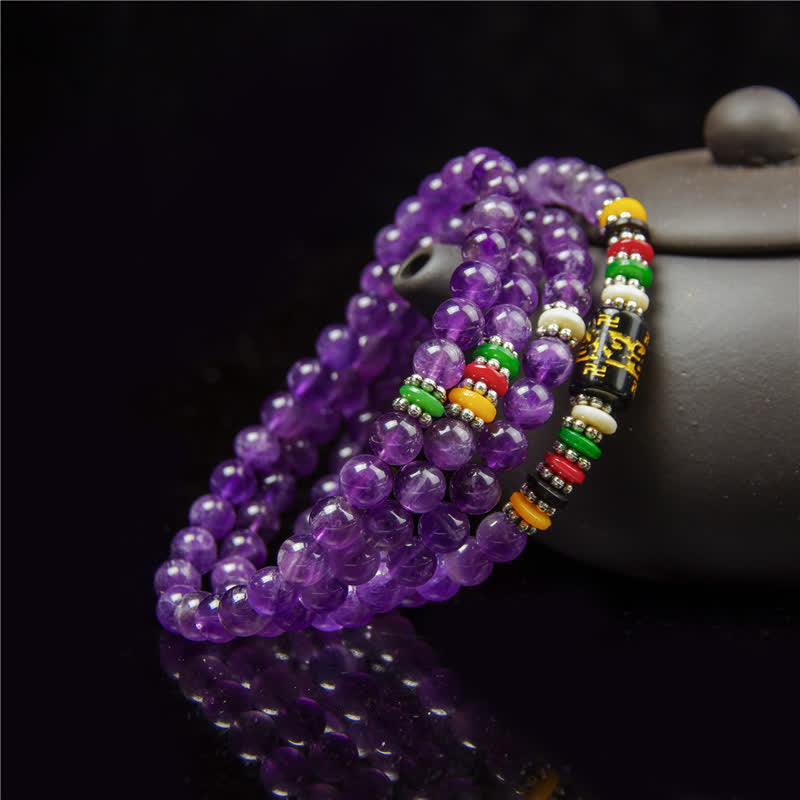 Buddha Stones Ametystowa modlitwa o czystość Om Mani Padme Hum 108 koralików Mala - image 7