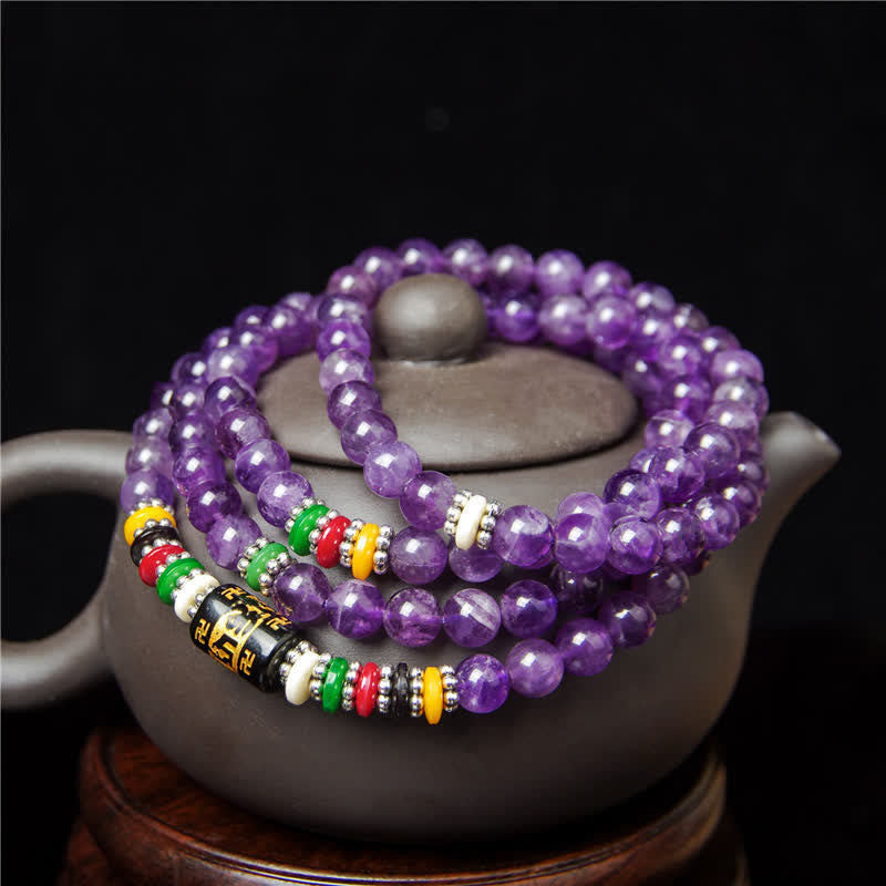 Buddha Stones Ametystowa modlitwa o czystość Om Mani Padme Hum 108 koralików Mala - image 3