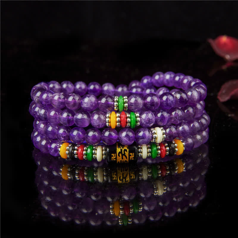 Buddha Stones Ametystowa modlitwa o czystość Om Mani Padme Hum 108 koralików Mala - Ametyst (świadomość duchowa ♥Równowaga) - image 0