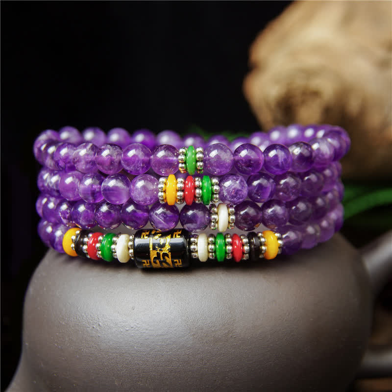 Buddha Stones Ametystowa modlitwa o czystość Om Mani Padme Hum 108 koralików Mala - image 2