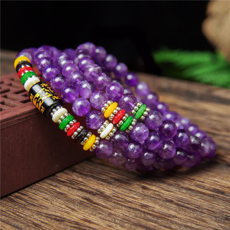 Buddha Stones Ametystowa modlitwa o czystość Om Mani Padme Hum 108 koralików Mala - image 8