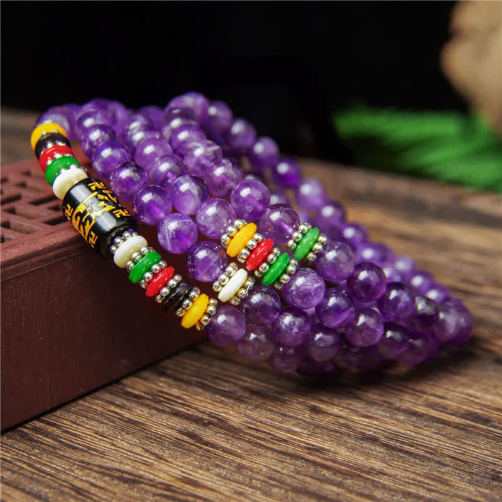 Buddha Stones Ametystowa modlitwa o czystość Om Mani Padme Hum 108 koralików Mala - image 8