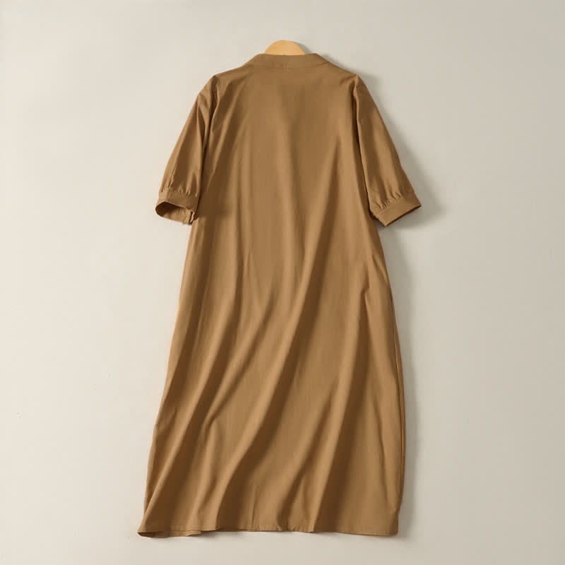 Buddha Stones Letnie, minimalistyczne, proste, jednokolorowe sukienki damskie z krótkim rękawem i kieszeniami - image 1