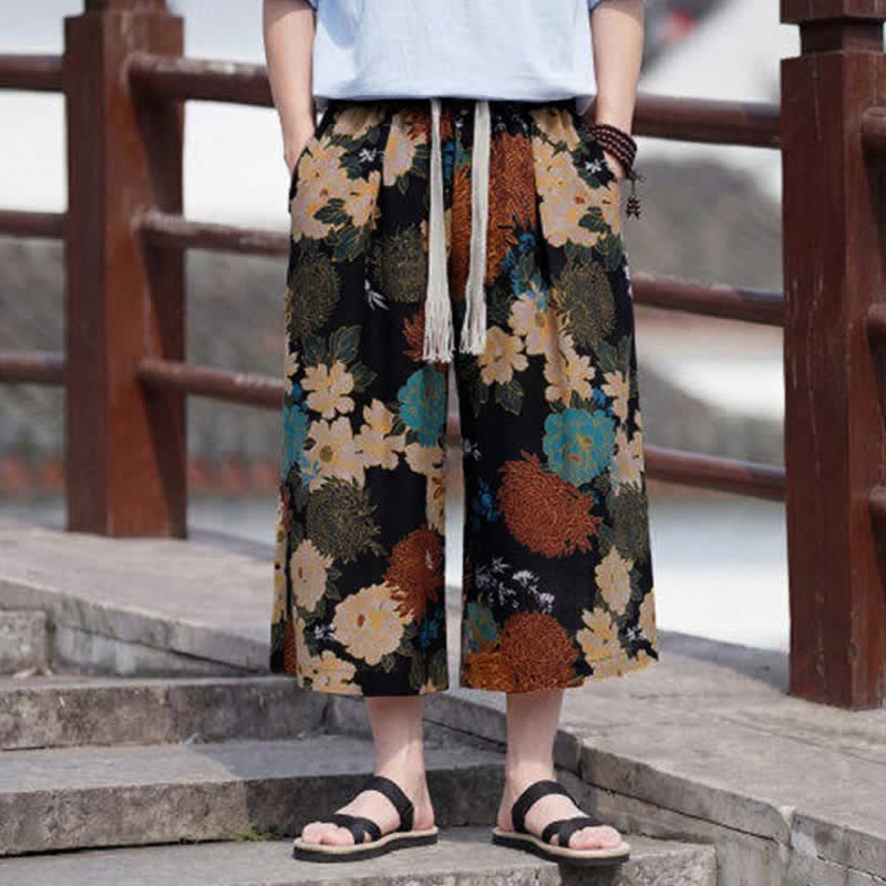Buddha Stones Letnie spodnie capri w stylu boho vintage ze ściągaczem i kwiatowym wzorem, męskie, proste, z kieszenią - image 1