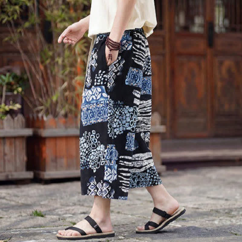 Buddha Stones Letnie spodnie capri w stylu boho vintage ze ściągaczem i kwiatowym wzorem, męskie, proste, z kieszenią - image 10