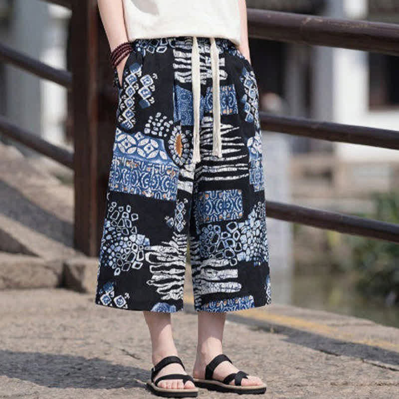 Buddha Stones Letnie spodnie capri w stylu boho vintage ze ściągaczem i kwiatowym wzorem, męskie, proste, z kieszenią - image 12
