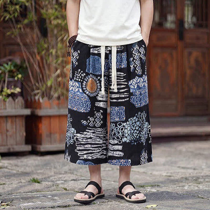 Buddha Stones Letnie spodnie capri w stylu boho vintage ze ściągaczem i kwiatowym wzorem, męskie, proste, z kieszenią - image 8