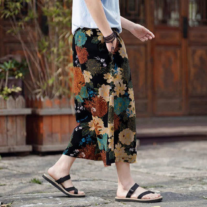 Buddha Stones Letnie spodnie capri w stylu boho vintage ze ściągaczem i kwiatowym wzorem, męskie, proste, z kieszenią - image 4