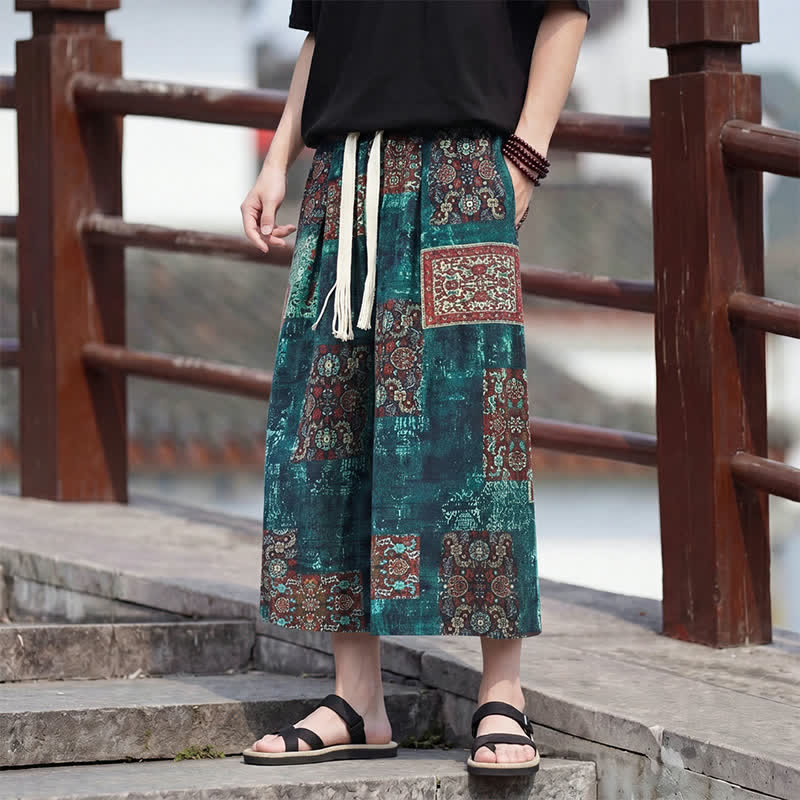 Buddha Stones Letnie spodnie capri w stylu boho vintage ze ściągaczem i kwiatowym wzorem, męskie, proste, z kieszenią - image 25