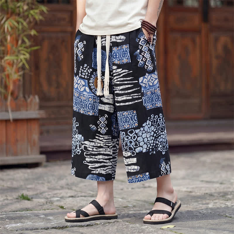 Buddha Stones Letnie spodnie capri w stylu boho vintage ze ściągaczem i kwiatowym wzorem, męskie, proste, z kieszenią - Stalowoniebieski - US/UK/AU46, EU56 (5XL) - image 7