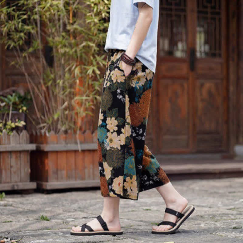 Buddha Stones Letnie spodnie capri w stylu boho vintage ze ściągaczem i kwiatowym wzorem, męskie, proste, z kieszenią - image 5