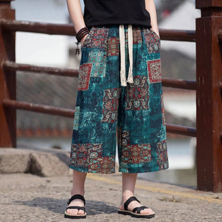 Buddha Stones Letnie spodnie capri w stylu boho vintage ze ściągaczem i kwiatowym wzorem, męskie, proste, z kieszenią - image 24