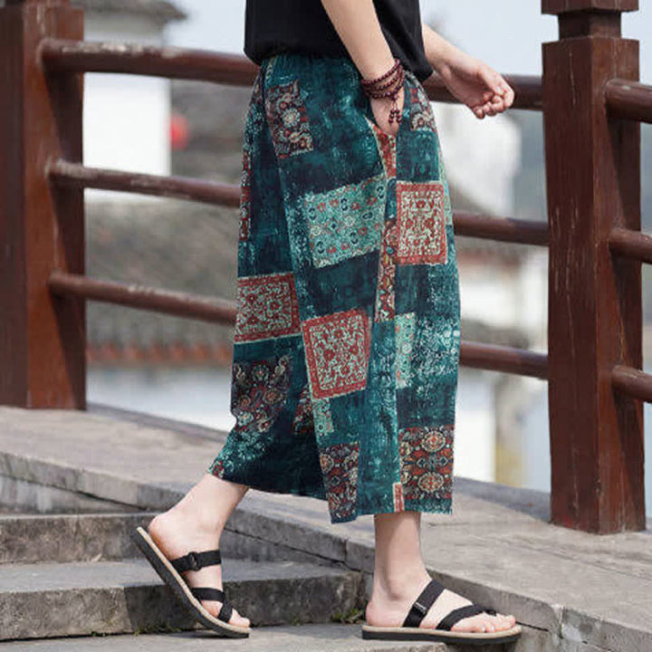 Buddha Stones Letnie spodnie capri w stylu boho vintage ze ściągaczem i kwiatowym wzorem, męskie, proste, z kieszenią - image 27