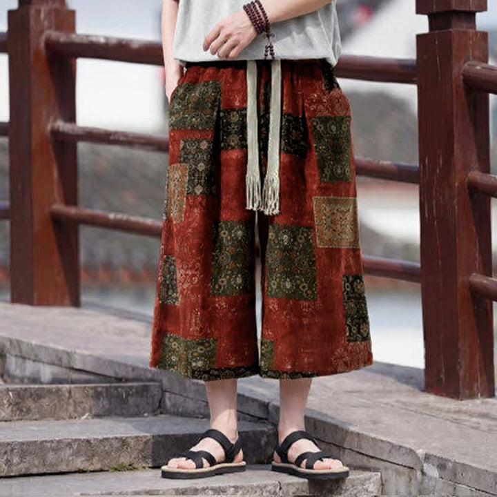 Buddha Stones Letnie spodnie capri w stylu boho vintage ze ściągaczem i kwiatowym wzorem, męskie, proste, z kieszenią - Sjena - US/UK/AU46, EU56 (5XL) - image 15